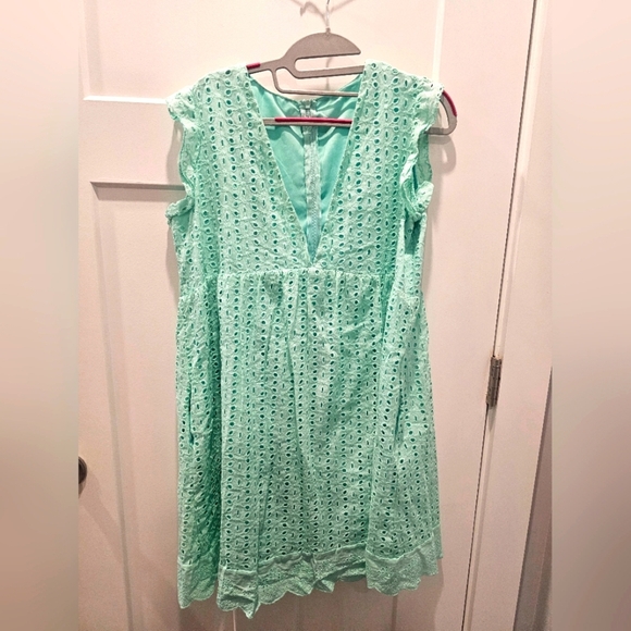 Mint Green Eyelet Cotton Shorts Romper Sundress Lined Sleeveless Dress Size L - Picture 1 of 11